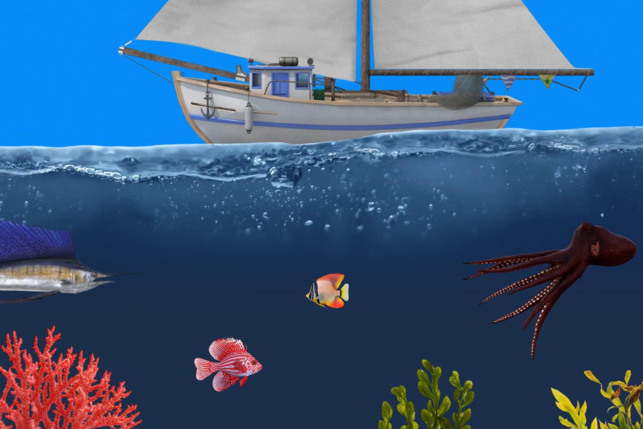 船和海洋生物插图